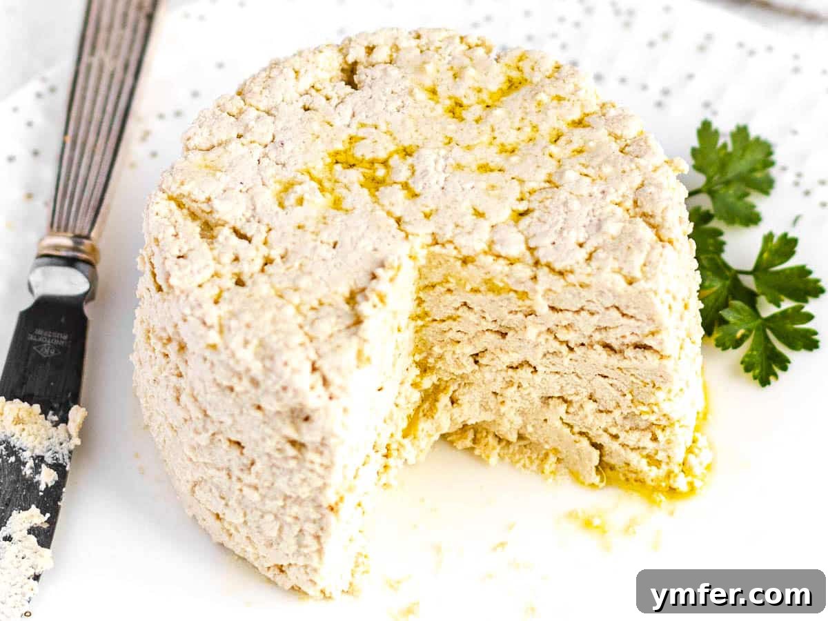 Creamy Vegan Ricotta 26 A serving of creamy vegan ricotta cheese on a pristine white plate, garnished with fresh parsley.