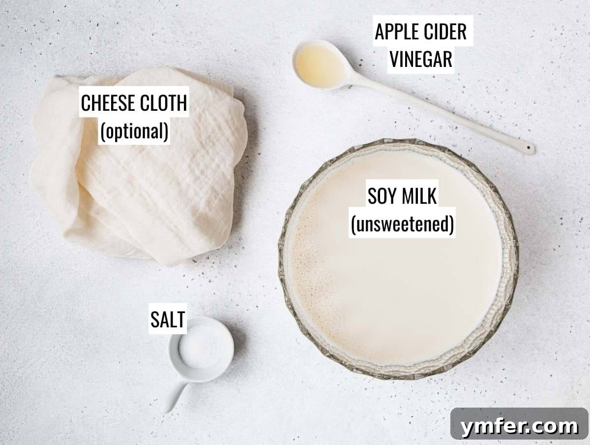 Creamy Vegan Ricotta 5 A collection of simple ingredients arranged for making vegan ricotta: soy milk, a bowl of salt, and a bottle of vinegar.