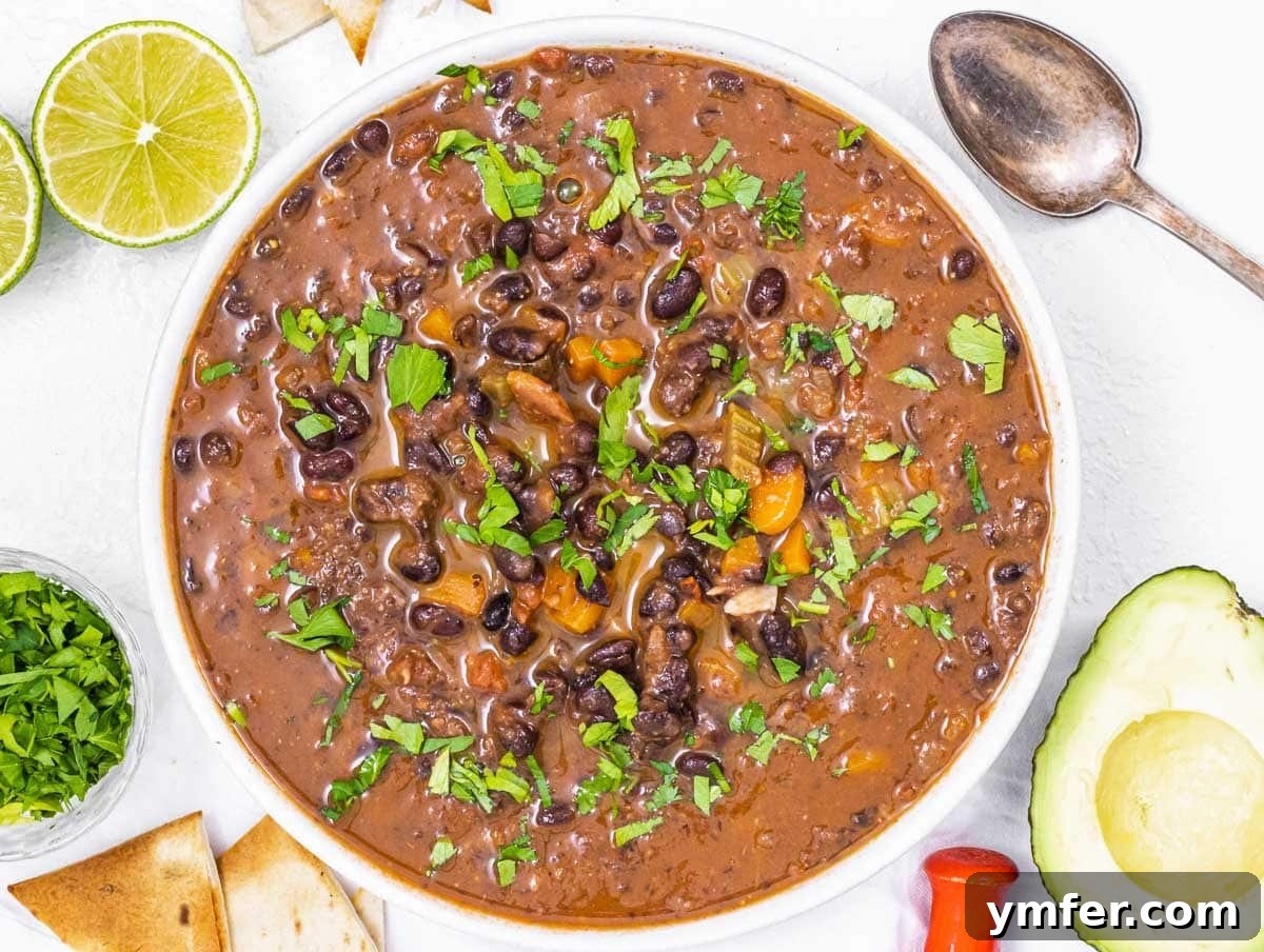 Nourishing Plant Power Meals 22 Rich black bean soup garnished with fresh parsley and a lime wedge