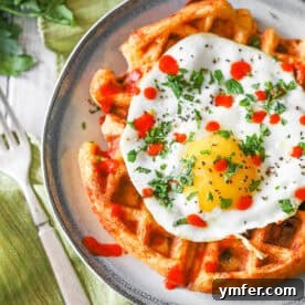 Cheddar Sausage Cornmeal Waffles with toppings