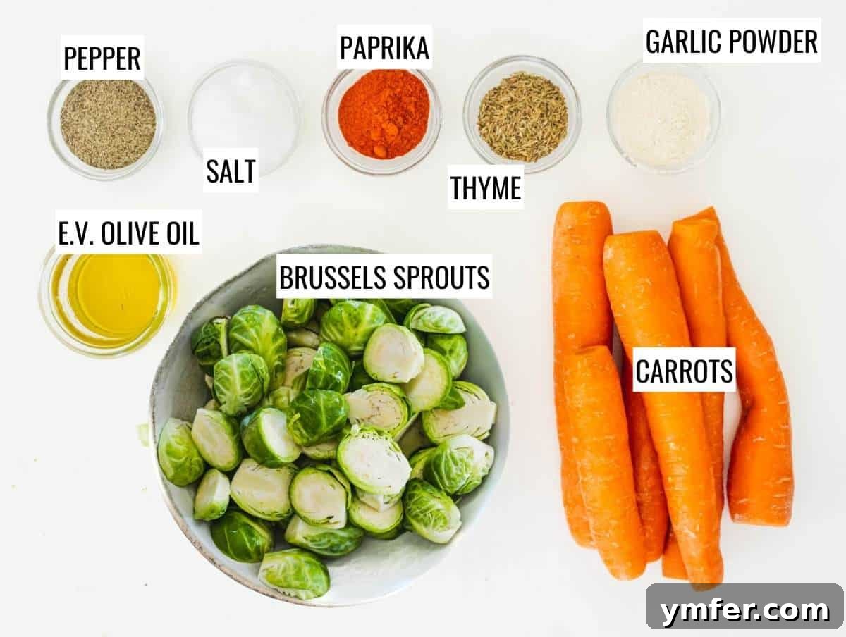 Caramelized Carrots and Crispy Brussels Sprouts 4 Fresh ingredients for roasted carrots and Brussels sprouts, including whole vegetables and spices.