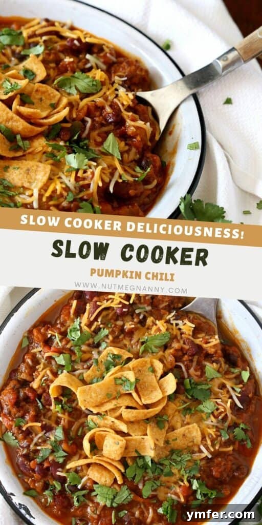 Cozy Slow Cooker Pumpkin Chili 3 Large image of the finished Slow Cooker Pumpkin Chili, inviting and delicious looking, garnished with toppings.