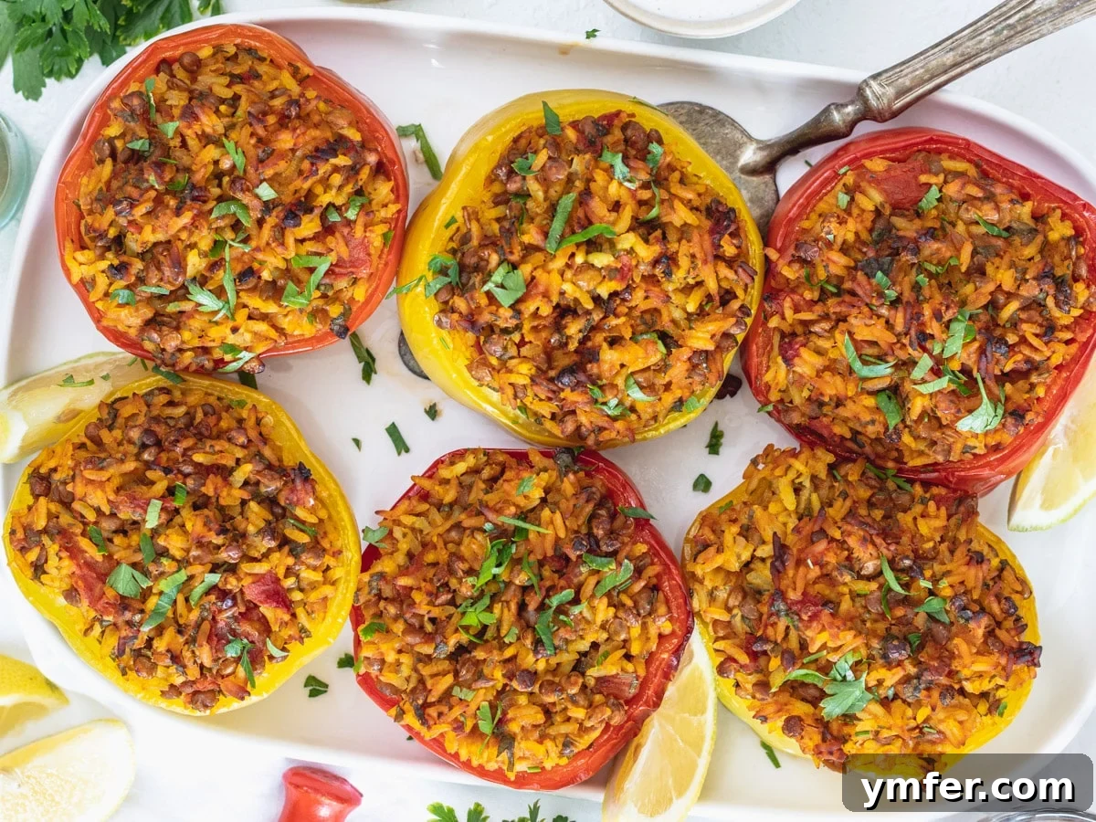 Streamline Your Week with Vegetarian Meal Prep 22 Vibrant stuffed bell peppers arranged on a white platter, filled with a savory vegetarian mixture.