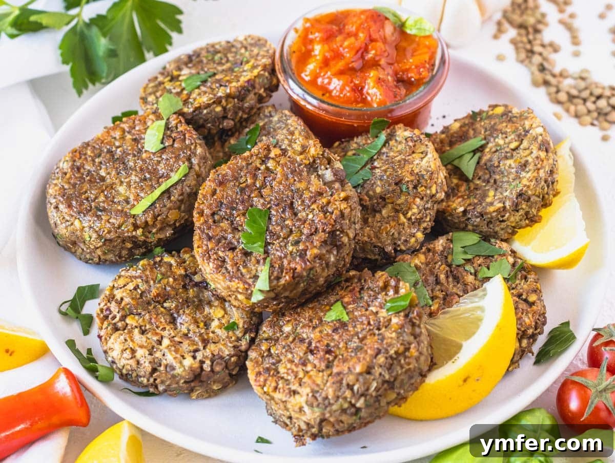 Streamline Your Week with Vegetarian Meal Prep 24 Savory lentil patties served on a white plate with a side of marinara sauce, a great plant-based meal prep item.