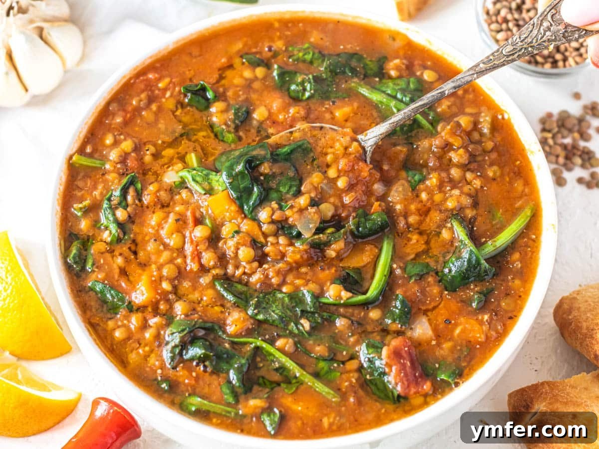 Streamline Your Week with Vegetarian Meal Prep 29 Easy lentil vegetable soup garnished with fresh spinach leaves and served with pita bread on the side, a wholesome meal prep idea.