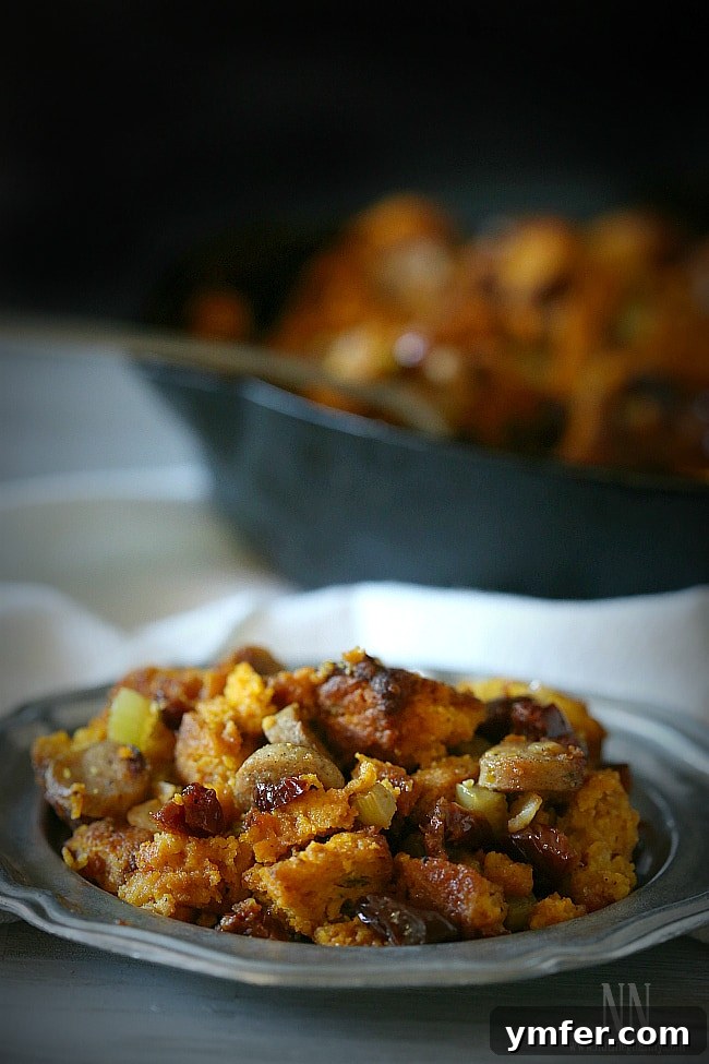 This pumpkin cornbread chicken sausage stuffing is packed full of homemade pumpkin sage cornbread croutons, chicken sausage and dried cherries. Perfect for Thanksgiving! Pumpkin Cornbread Stuffing spooned onto a plate.