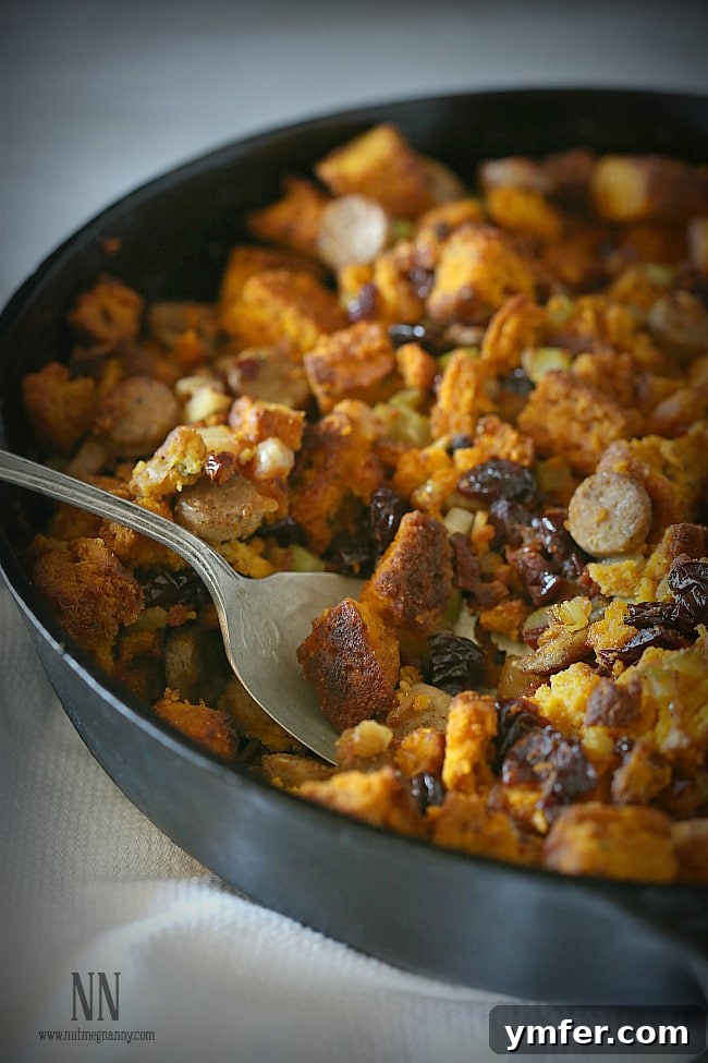 This pumpkin cornbread chicken sausage stuffing is packed full of homemade pumpkin sage cornbread croutons, chicken sausage and dried cherries. Perfect for Thanksgiving! A spoon in a dish of Pumpkin Cornbread Stuffing.