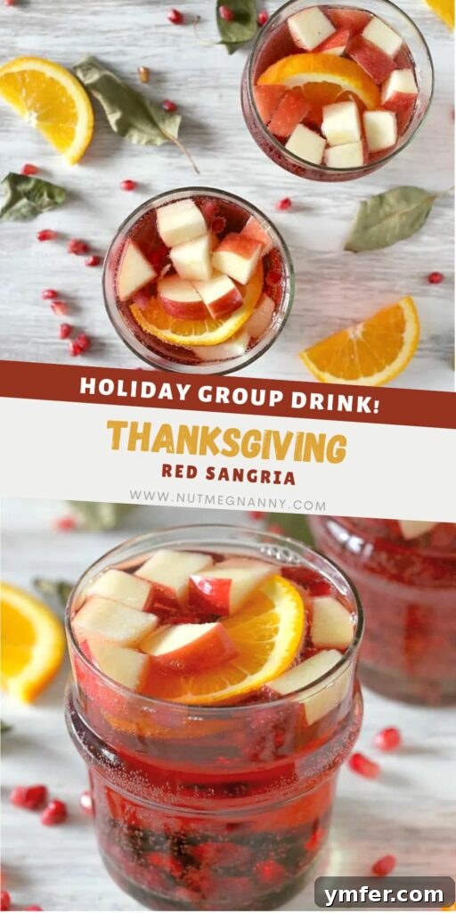 Thanksgiving Sangria Recipe: Fall Flavors A festive Thanksgiving Sangria in a glass with a cinnamon stick, making it a perfect holiday drink. The background shows a wooden surface and a serving pitcher.