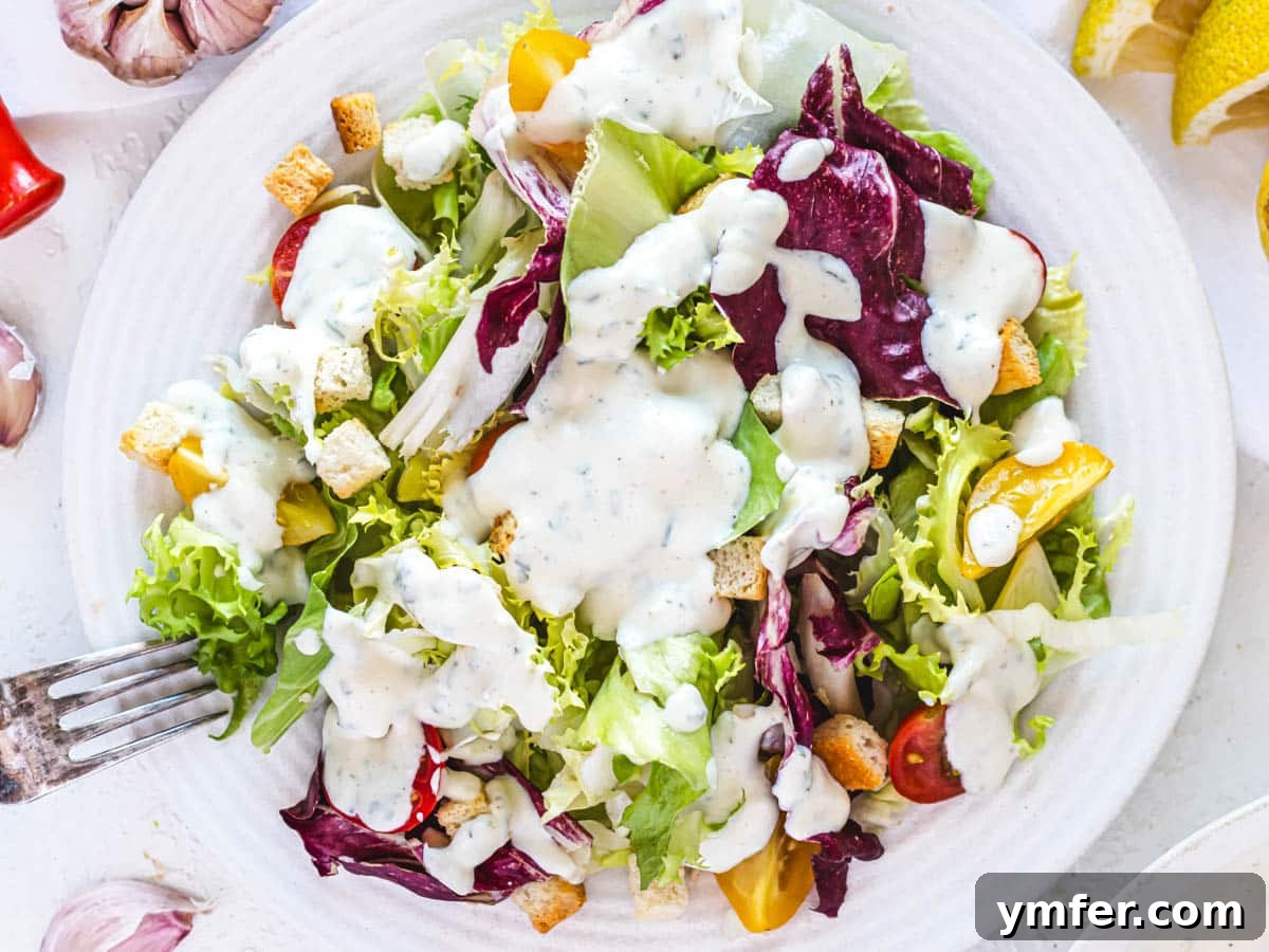Creamy Vegan Ranch 3 A vibrant side salad generously drizzled with homemade vegan ranch dressing, ready to be enjoyed.