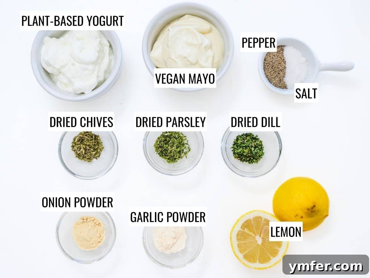 Creamy Vegan Ranch 4 A collection of ingredients laid out, featuring vegan mayo, non-dairy yogurt, and various herbs for vegan ranch dressing.
