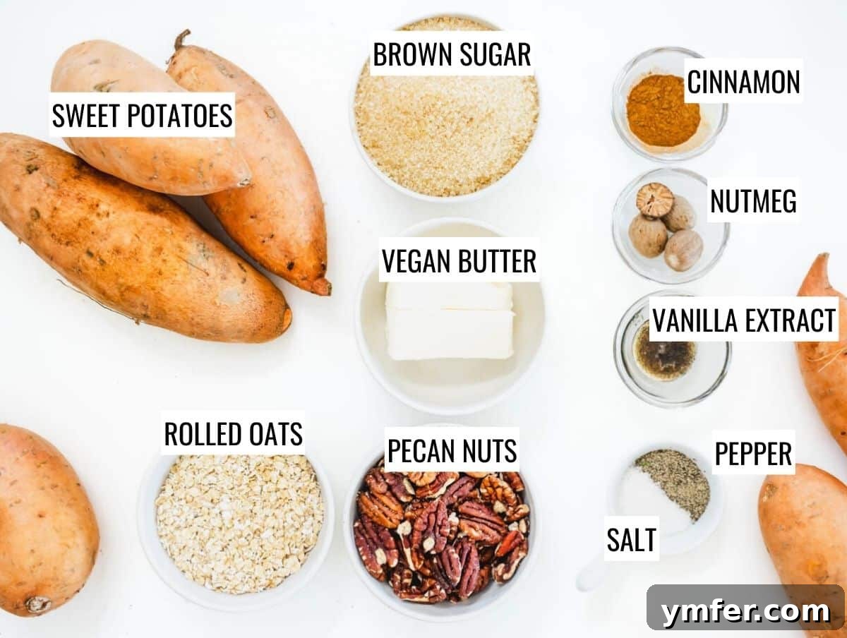Golden Vegan Sweet Potato Delight 3 A vibrant display of fresh ingredients for vegan sweet potato casserole, including whole sweet potatoes, pecans, oats, and various spices, arranged on a rustic wooden surface