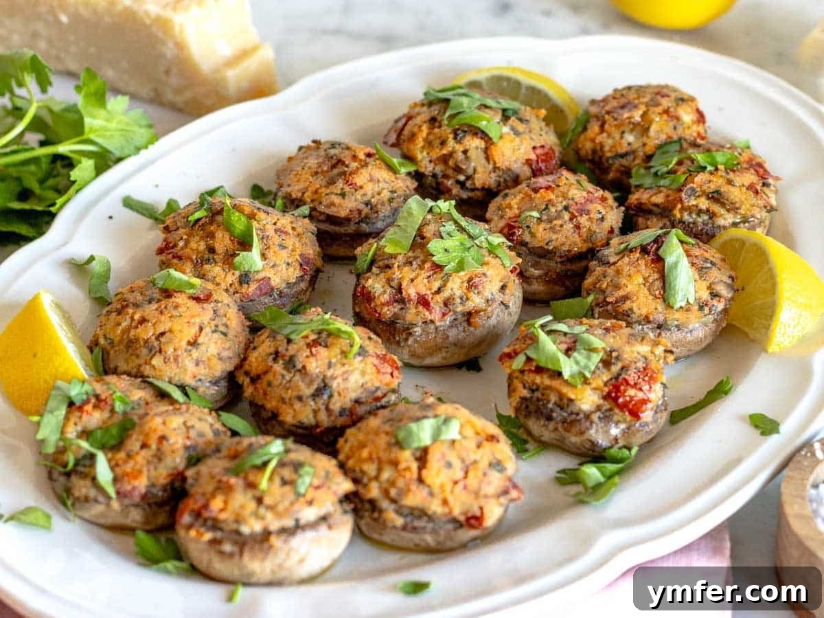 The Ultimate Vegetarian Thanksgiving Feast: 35 Recipes 38 stuffed mushrooms on a white serving platter with lemon wedges