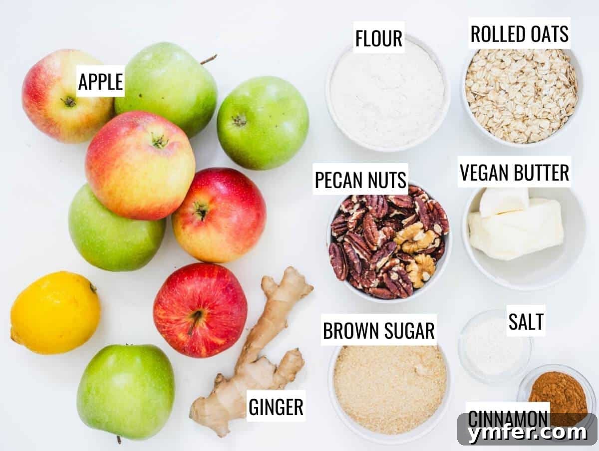 Plant-Based Apple Crumble 4 Ingredients laid out for making vegan apple crisp