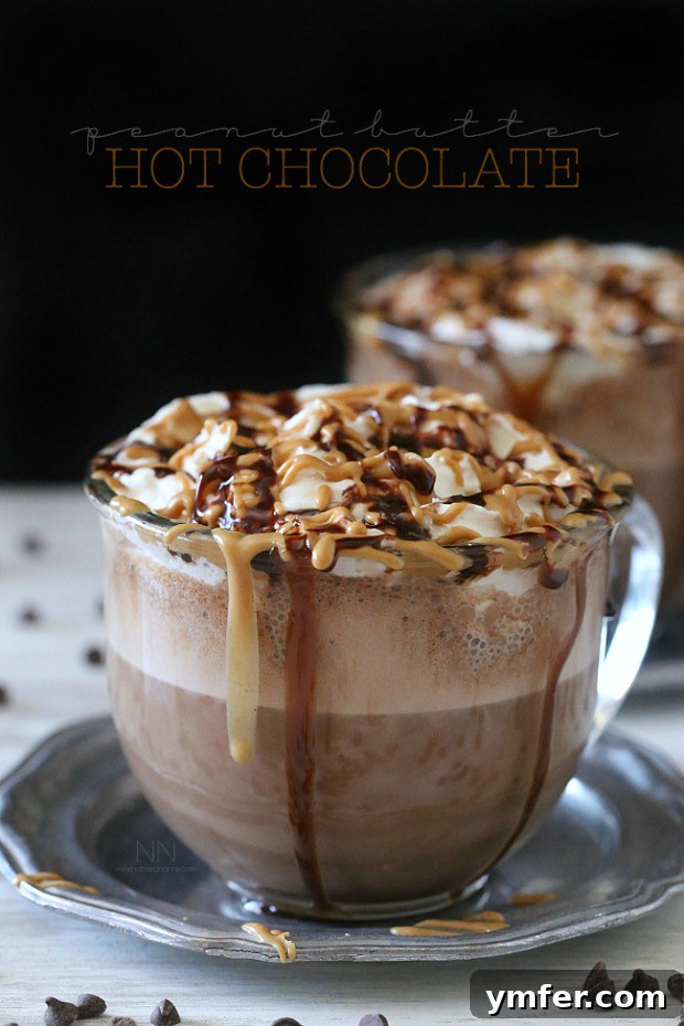 Decadent Peanut Butter Hot Chocolate Recipe A rich and creamy Peanut Butter Hot Chocolate served in a cozy ceramic mug, lavishly topped with whipped cream and a luscious drizzle of melted peanut butter, perfect for a cold day.