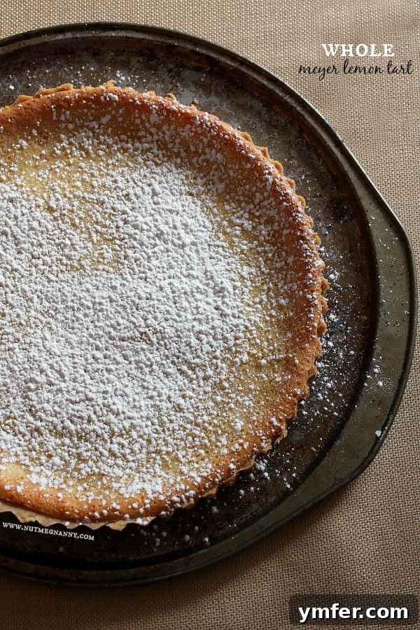 Whole Meyer Lemon Tart Recipe A beautifully baked Whole Meyer Lemon Tart, dusted with powdered sugar and elegantly garnished with fresh lemon slices and a sprig of mint, showcasing its golden crust and vibrant, smooth filling.