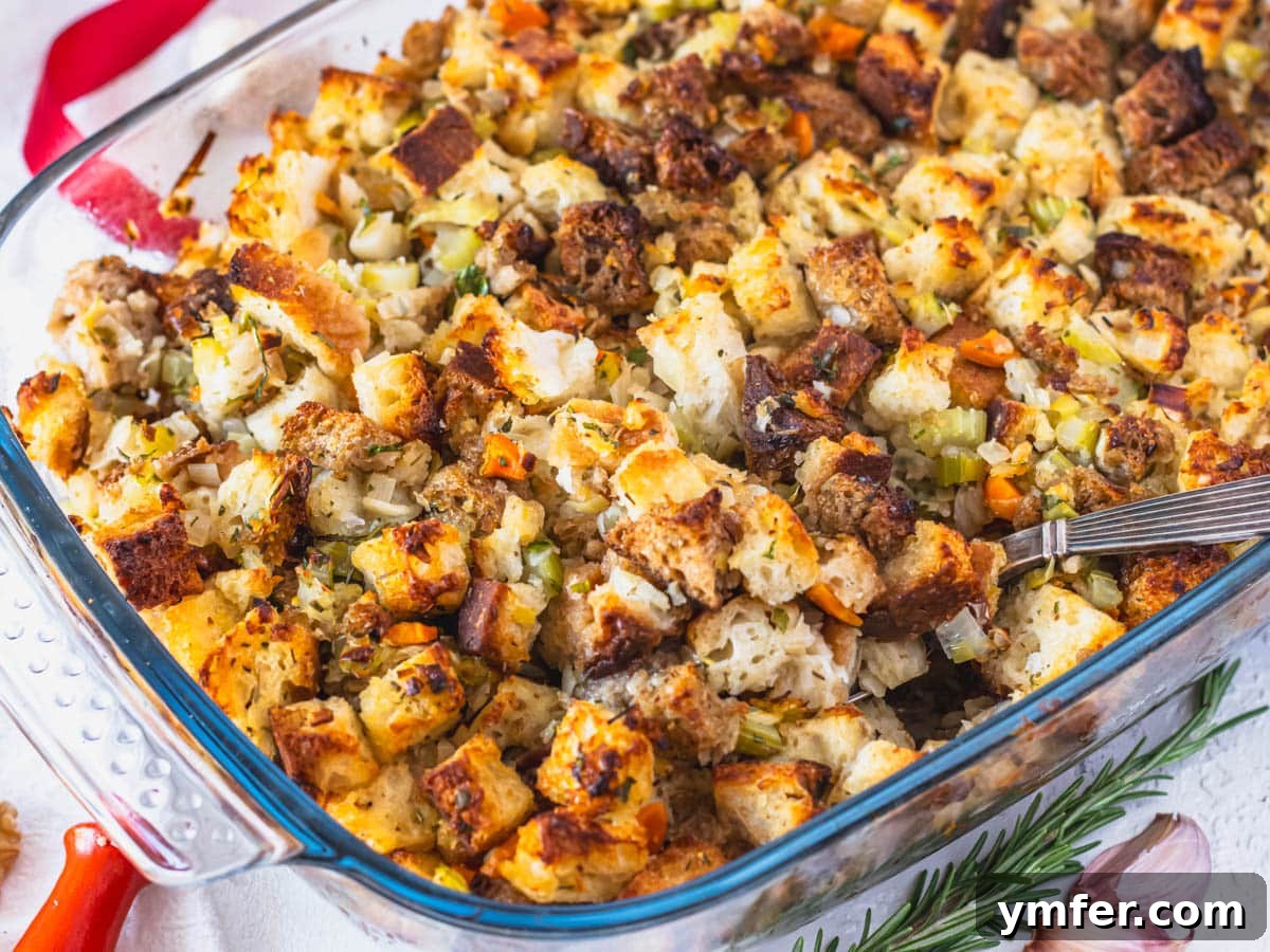 Savory Plant-Based Dressing 12 Vegetarian stuffing after baking with a silver spoon