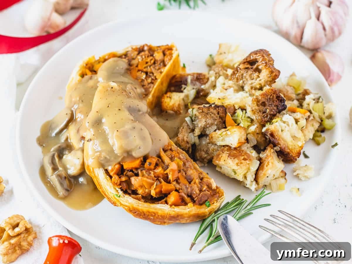 Savory Plant-Based Dressing 13 Mushroom wellington and how to serve it with stuffing and gravy