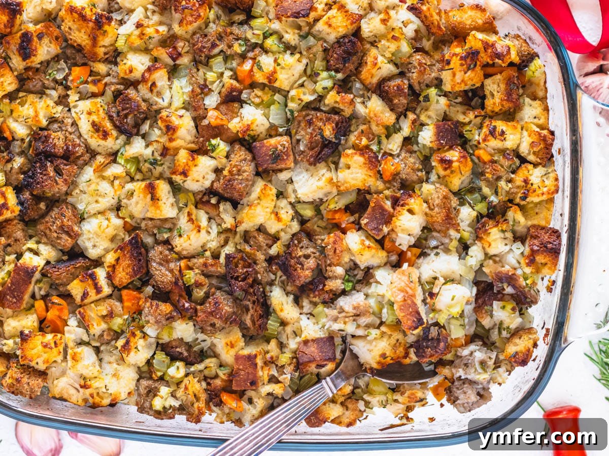 Savory Plant-Based Dressing 5 Vegetarian stuffing with a silver spoon and rosemary on the side