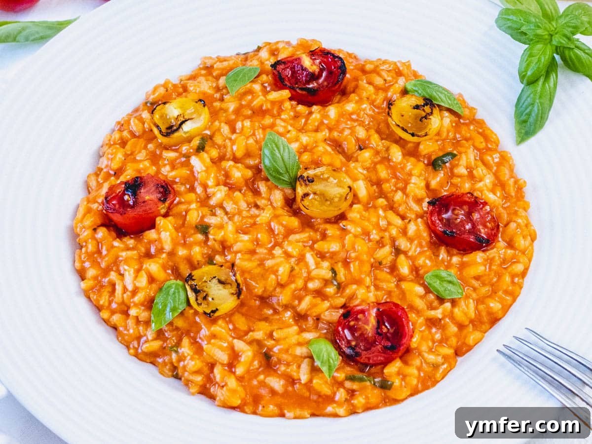 Sun-Kissed Tomato Risotto 3 tomato risotto on a flat plate