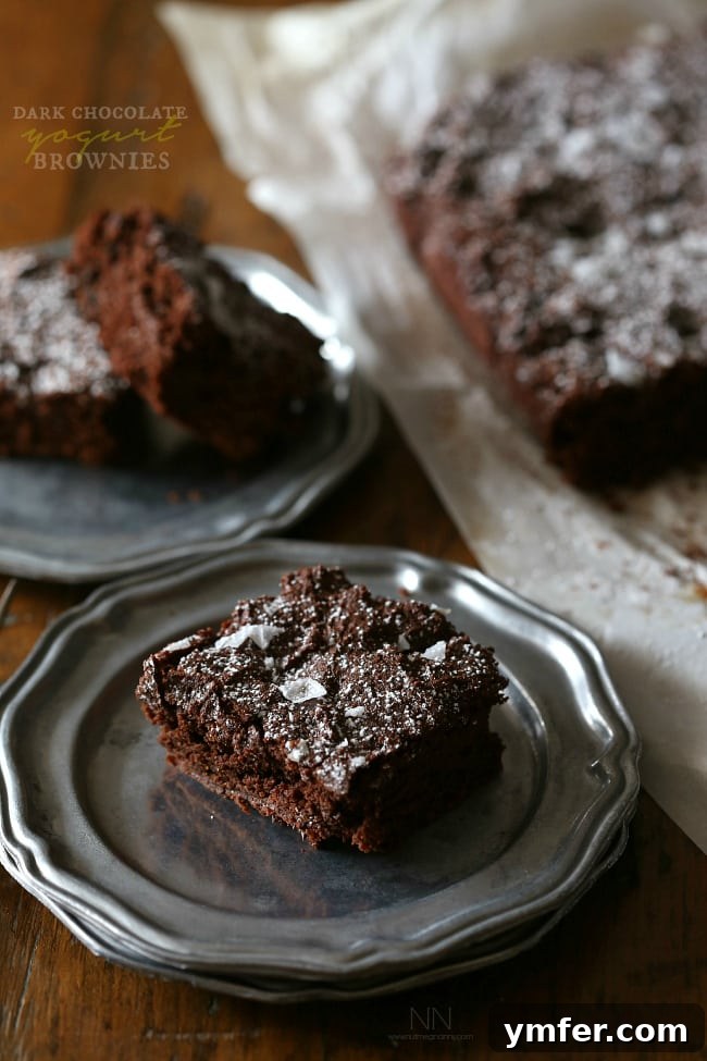 Rich dark chocolate yogurt brownies with a sprinkle of sea salt, showcasing their delightful texture.