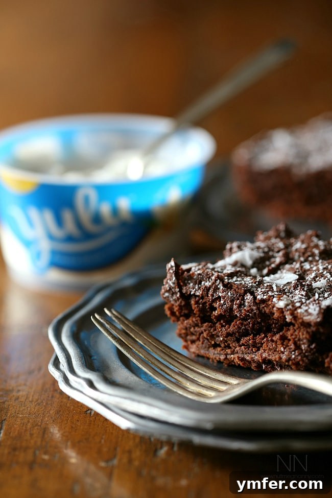 Close-up of baked dark chocolate yogurt brownies, showcasing their rich, fudgy interior and textured top.