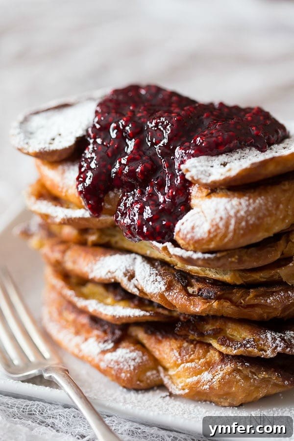 Decadent Amaretto Raspberry Croissant French Toast 3 croissant french toast topped with raspberry amaretto topping.