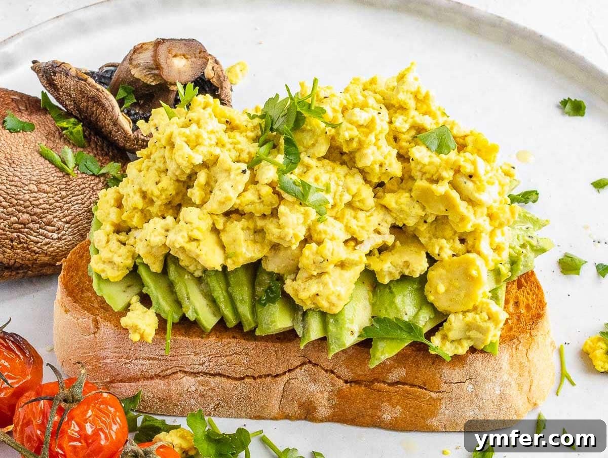 Egg-Free Delights 4 Fluffy tofu scramble served on avocado toast