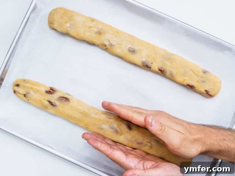 Hands shaping long biscotti dough logs