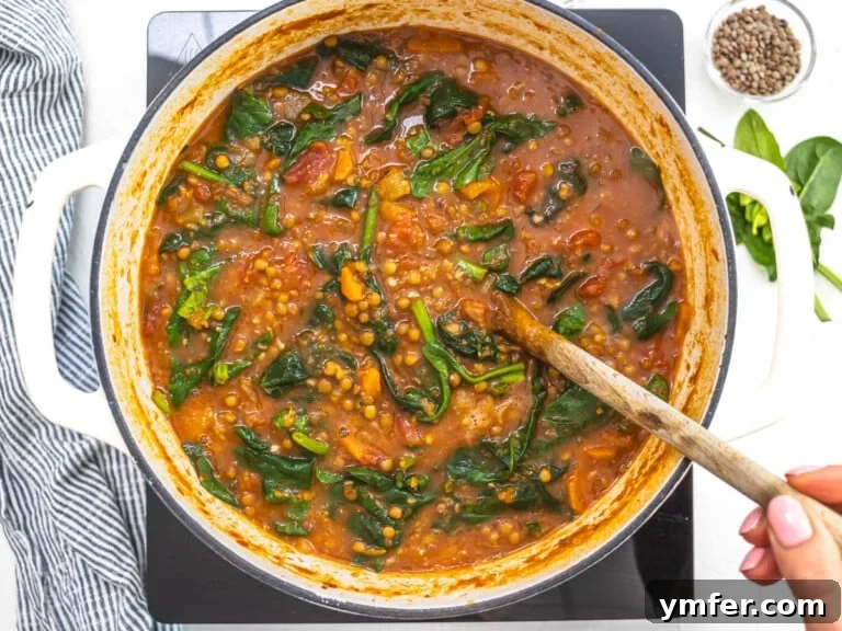 hand holding a wooden spoon and stirring spinach into a soup