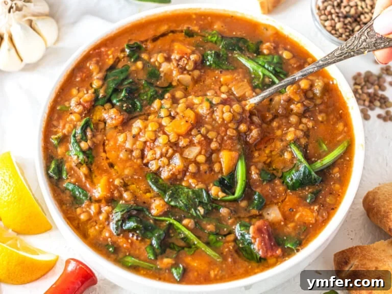 Easy lentil vegetable soup with a silver spoon in the bowl and bread on the side
