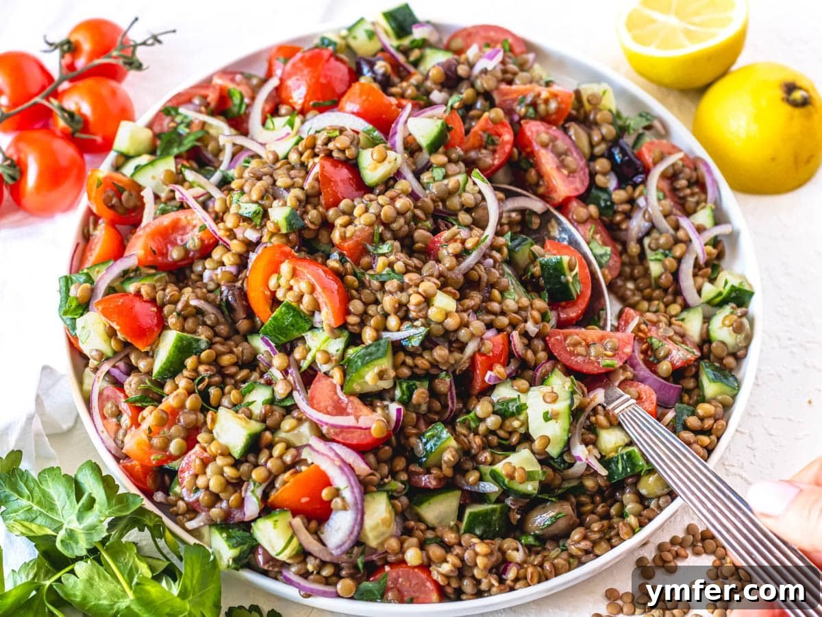 30 Plant-Based Protein Power Meals 5 Lentil salad on a big white plate with hand holding a silver spoon
