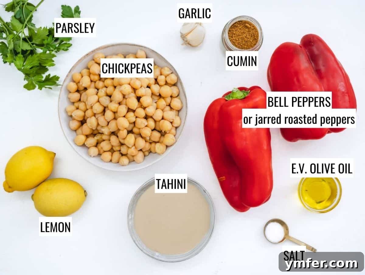 Velvety Roasted Red Pepper Hummus 4 A flat lay showing all the fresh ingredients required for roasted red pepper hummus.