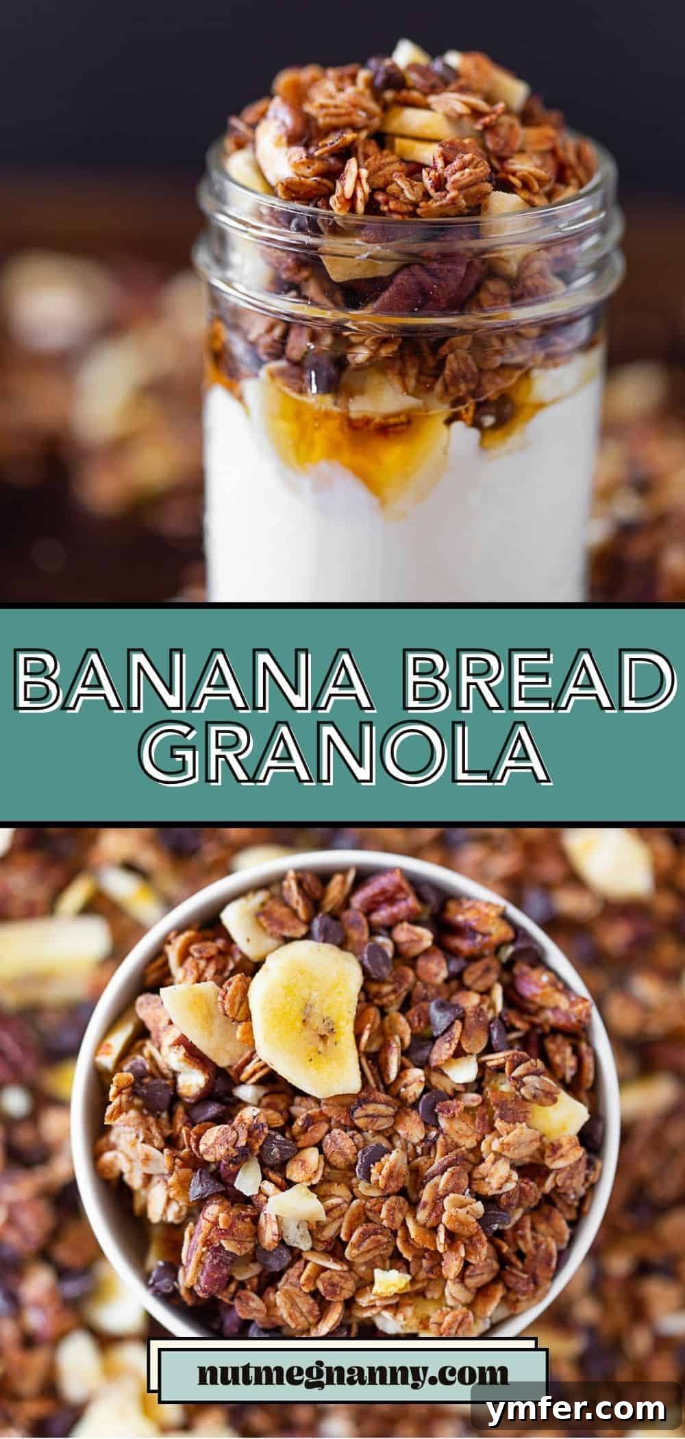 Spiced Banana Bread Granola 6 Banana Bread Granola pin for Pinterest. A long, vertical image designed for optimal sharing on Pinterest, highlighting the deliciousness of the granola.