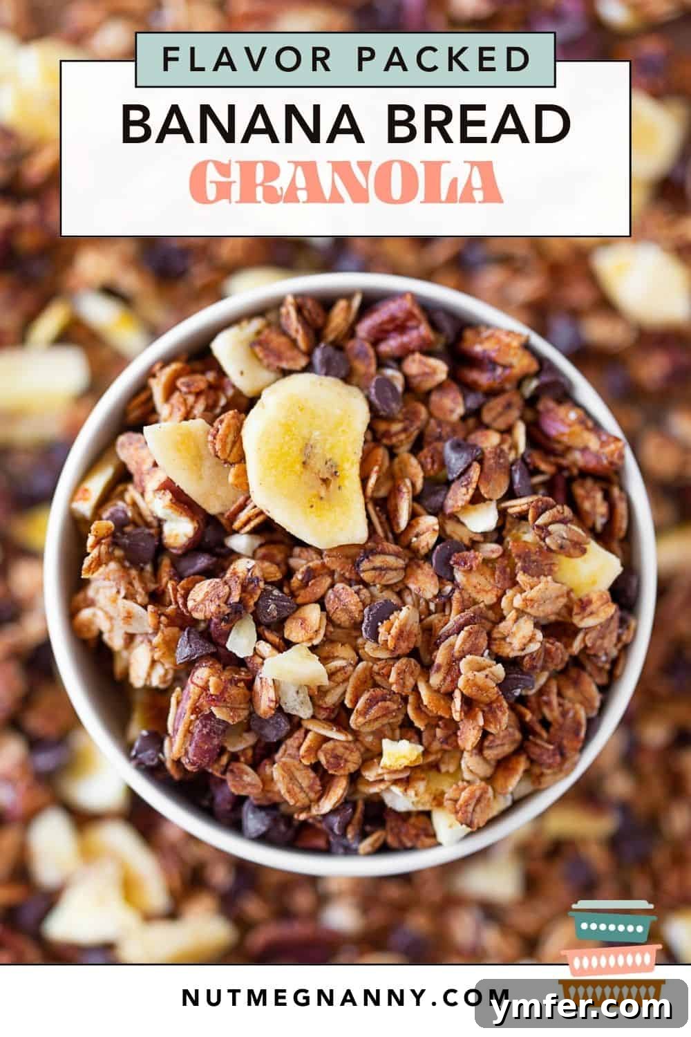 Spiced Banana Bread Granola 7 Banana Bread Granola pin for Pinterest. A square image featuring the granola, suitable for various social media platforms.