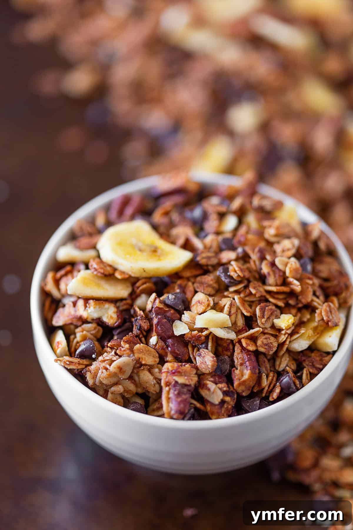 Spiced Banana Bread Granola 4 Banana Bread Granola in a white bowl, ready to be enjoyed.