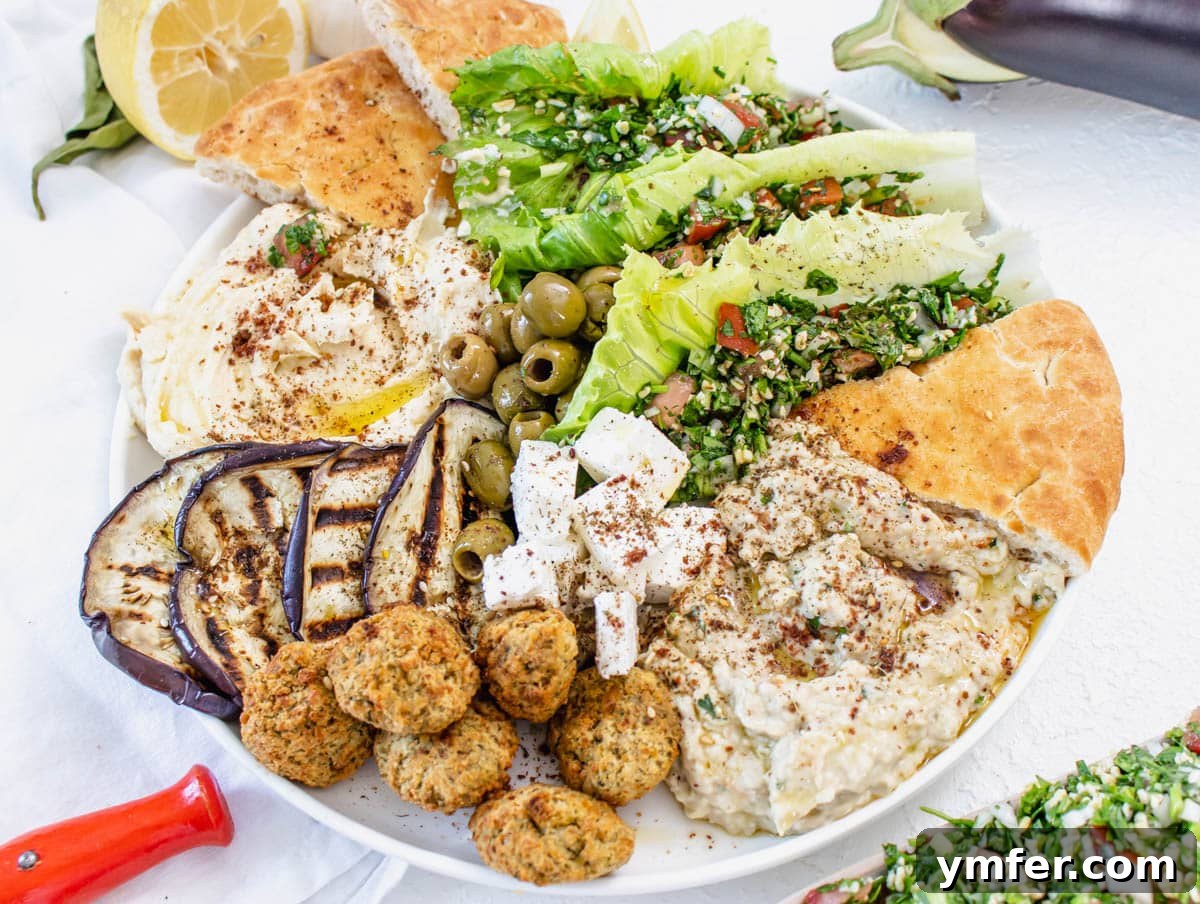 Mezze platter with tabouli, eggplant and falafel