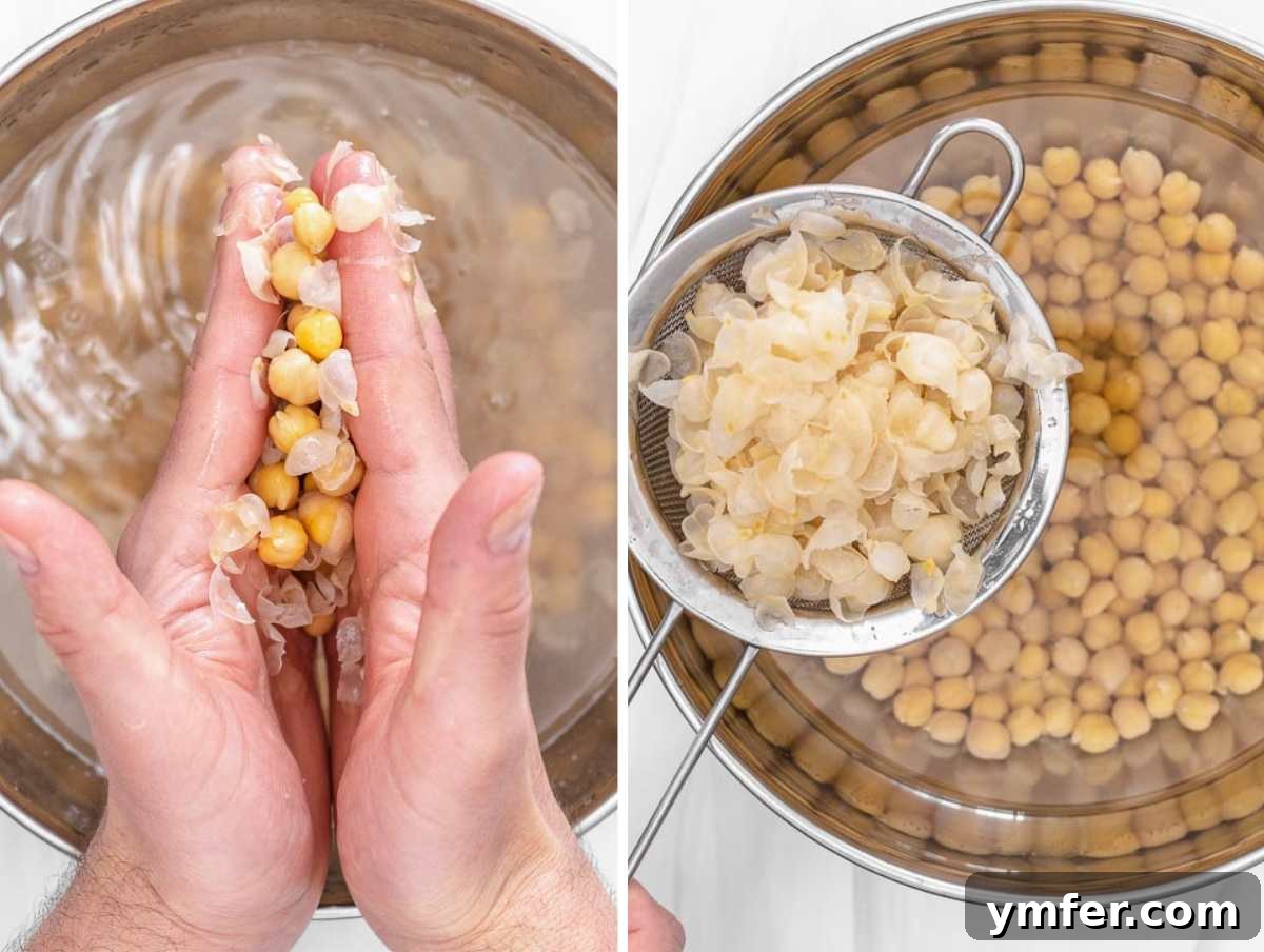 discarding the skins of chickpeas