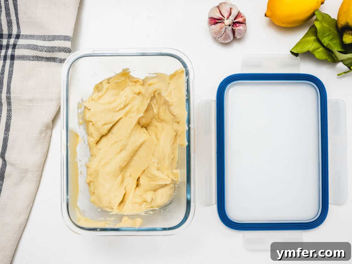 Hummus without tahini in an airtight container
