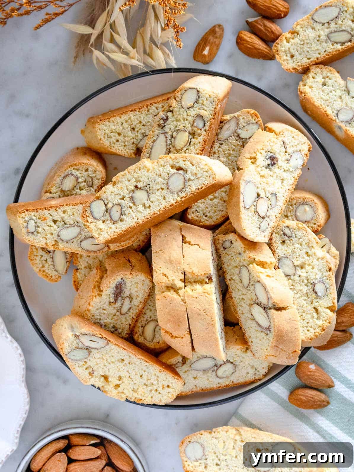 Twice Baked Italian Delights 2 Freshly baked biscotti, or cantucci, arranged beautifully in a bowl, ready to be served or dipped in wine.