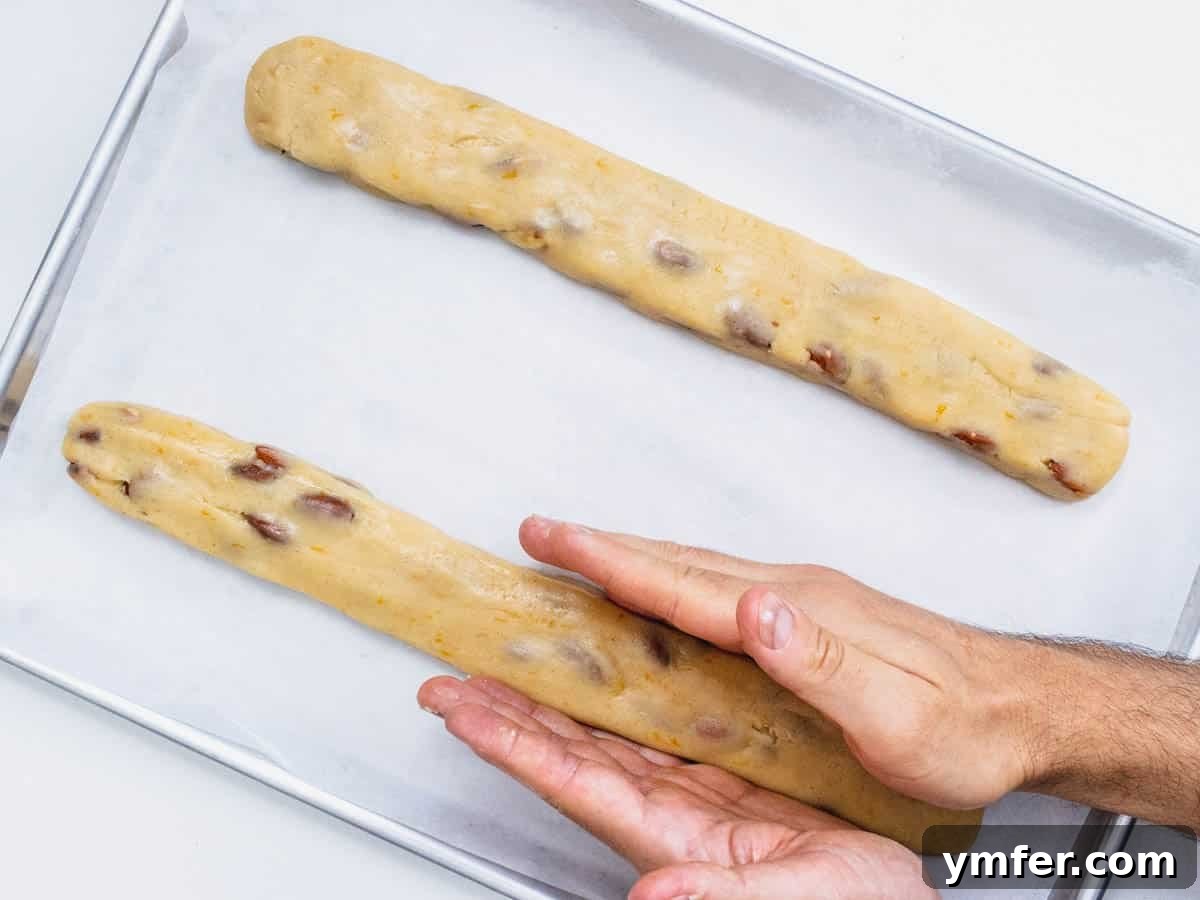 Twice Baked Italian Delights 11 Hands carefully shaping two long, flat logs of biscotti dough on parchment paper, ready for the first bake.