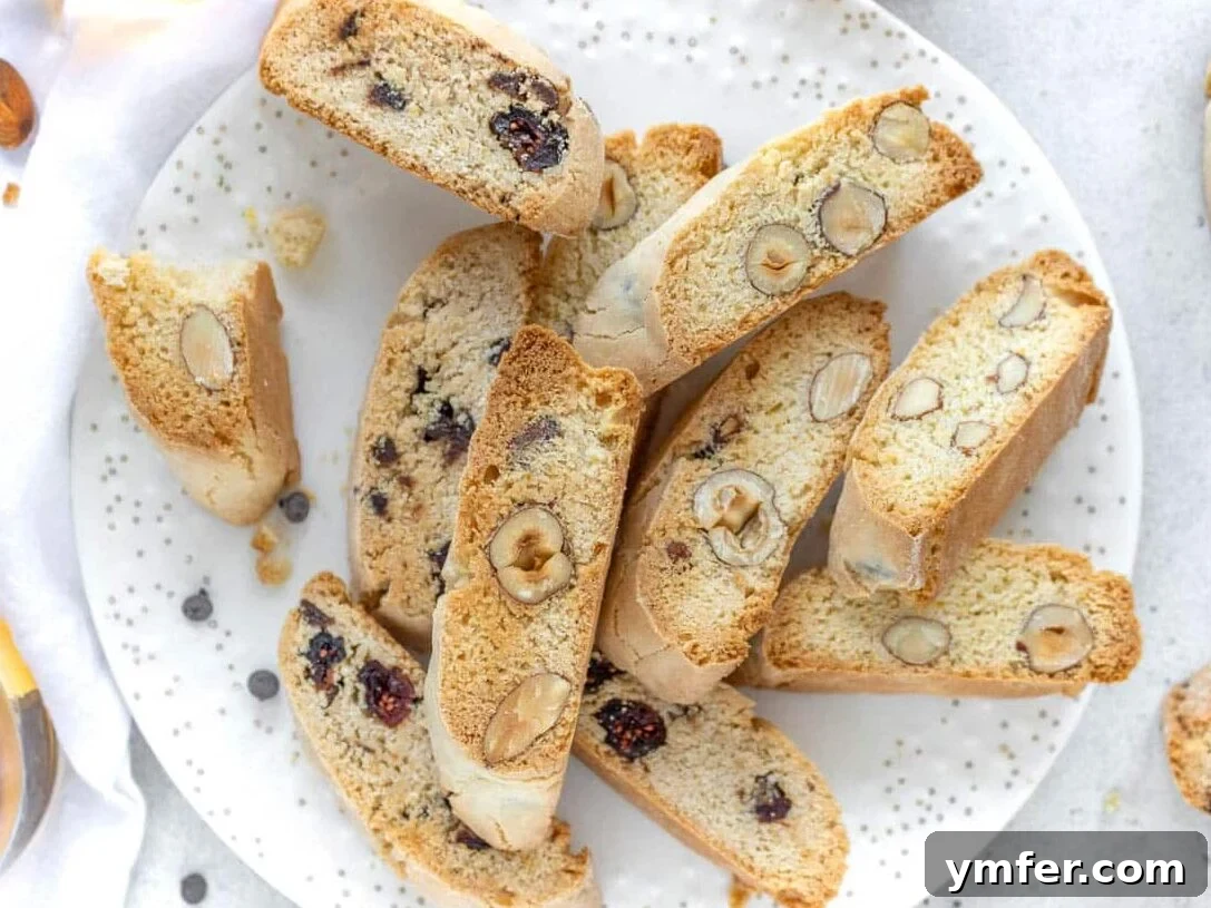 Twice Baked Italian Delights 6 Close-up of hazelnut and chocolate chip biscotti on a white plate, showcasing a delightful variation of the classic recipe.