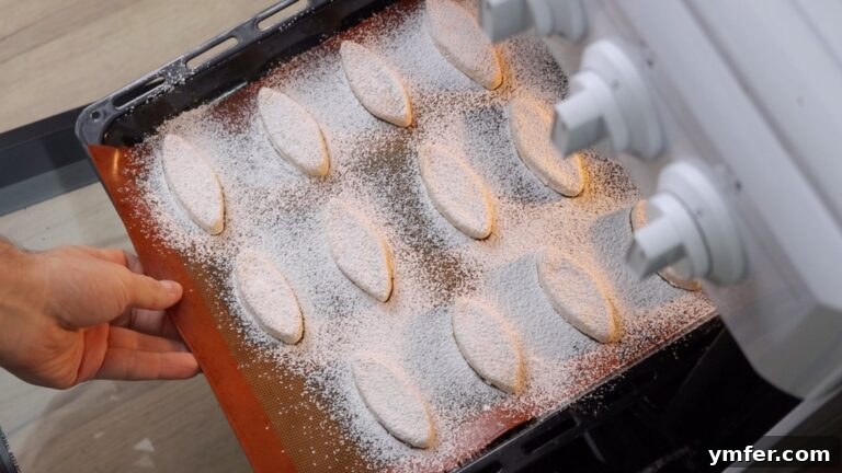 Zesty Orange Almond Delights 14 Vegan orange almond cookies dusted with powdered sugar and arranged on a baking tray.