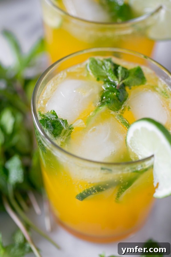 Mango Bliss Mojito 5 A single mango mojito served in a clear glass, beautifully garnished with a thin slice of fresh lime, against a light background.