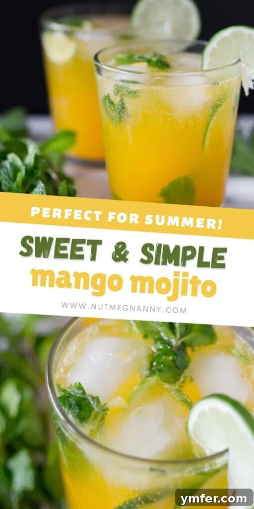Mango Bliss Mojito 8 A tall, refreshing mango mojito with a bright yellow hue, garnished with lime and mint, perfect for a Pinterest pin.