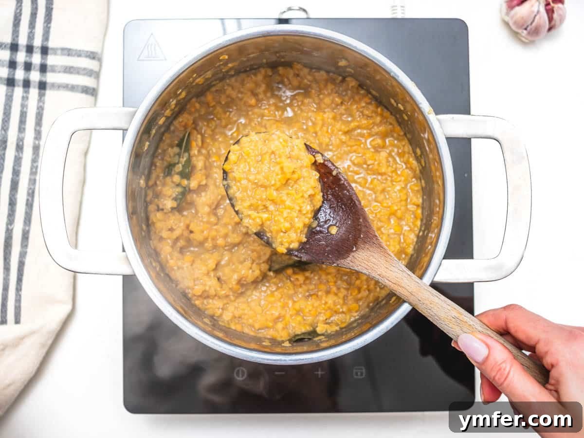 Perfect Red Lentils Every Time 6 Cooked red lentils and a wooden spoon in a silver pot, showing ideal creamy texture