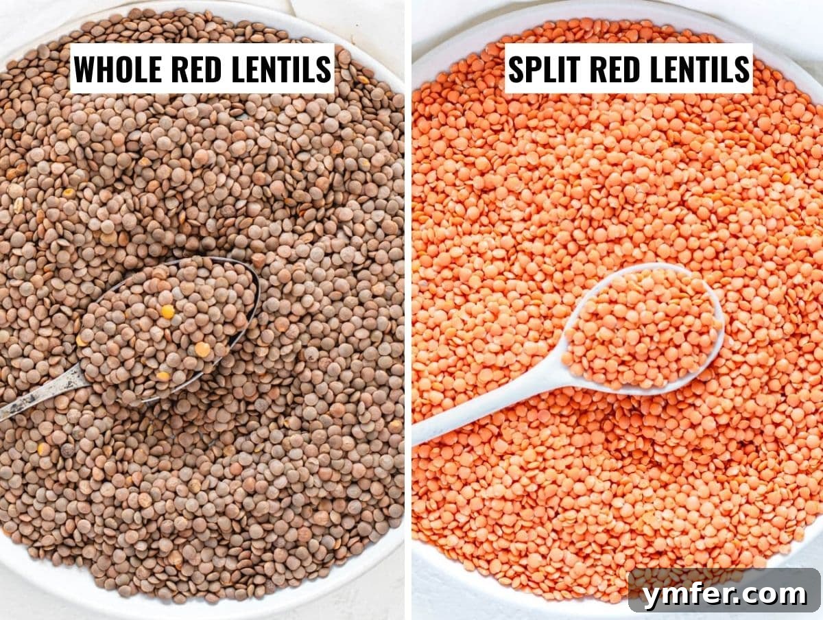 Perfect Red Lentils Every Time 3 Dry whole red lentils and split red lentils side by side, showcasing their differences