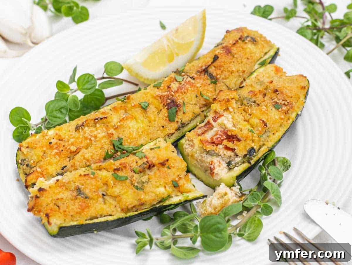 Plant-Powered Mondays 12 Beautifully stuffed zucchini halves served on a plate with a fork and knife