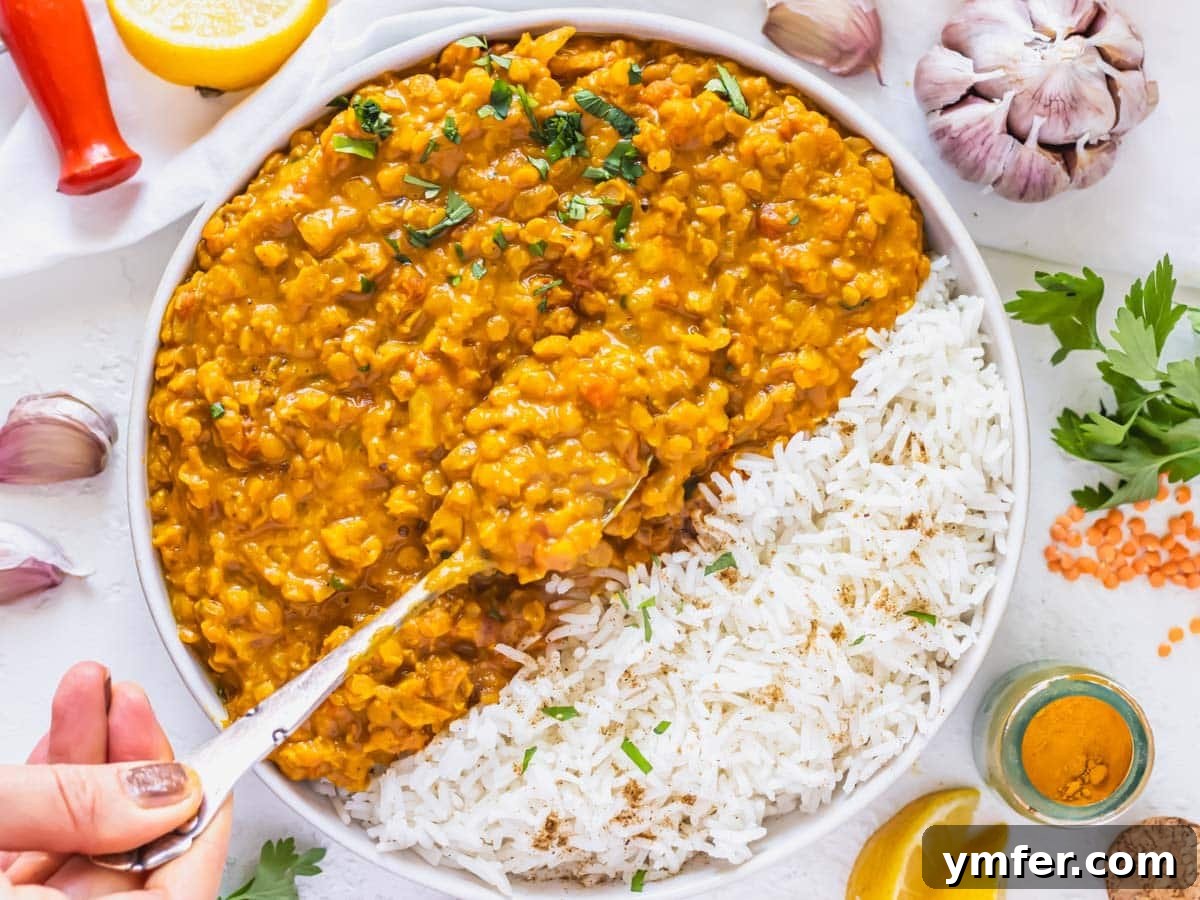 Plant-Powered Mondays 13 A comforting bowl of lentil curry served with fluffy rice, with a hand reaching for a spoonful