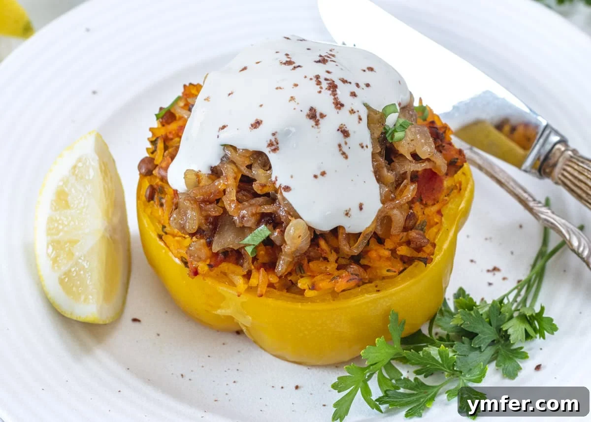 Plant-Powered Mondays 14 A vibrant stuffed bell pepper topped with creamy yogurt, ready to be enjoyed
