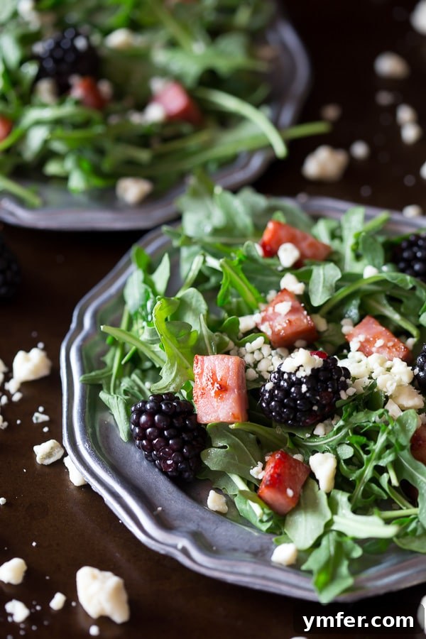 Blue Cheese and Crispy Prosciutto Salad 2 This black and blue salad with crispy ham is the perfect summer salad. A delicious combo of arugula, crispy ham, blackberries and blue cheese. You'll love this fun summer salad!